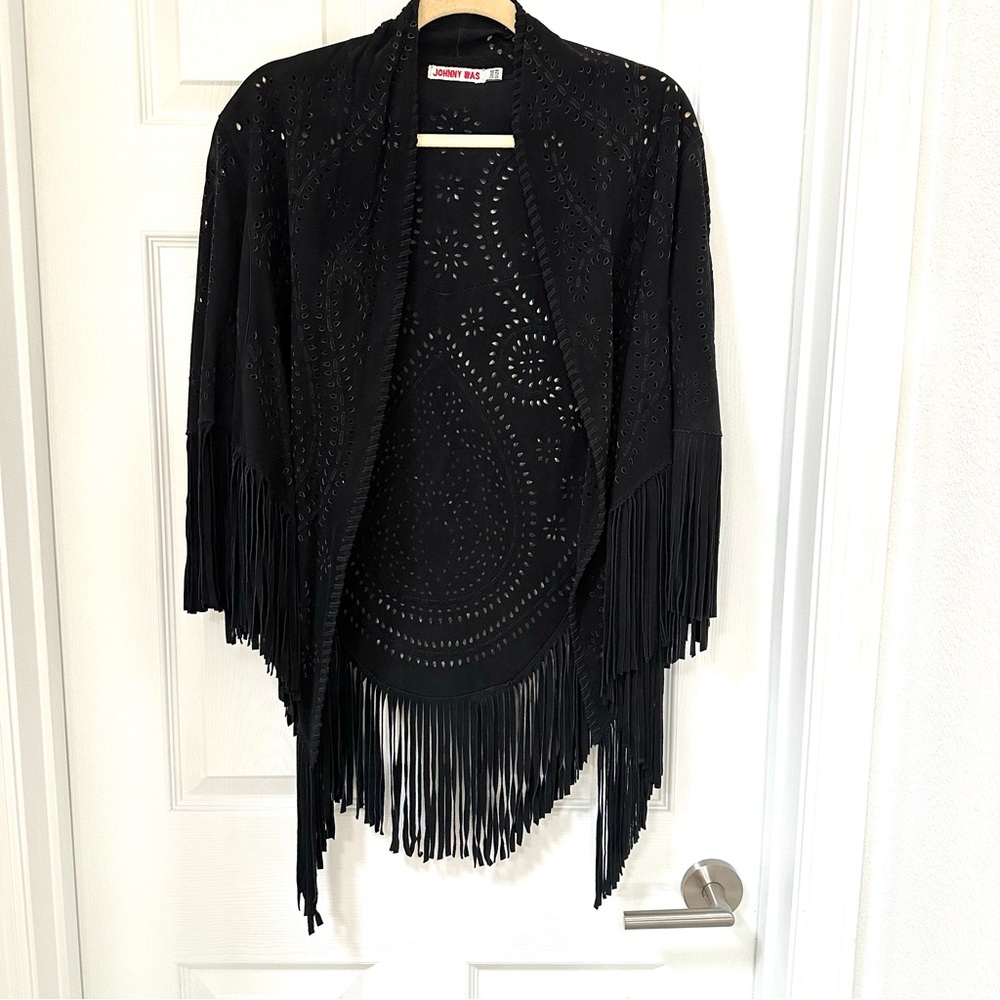 Johnny Was Black Suede Fringed Top NWOT O/S